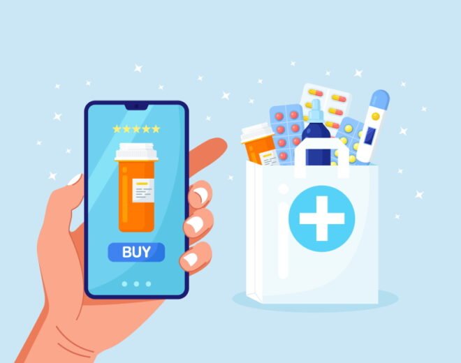 Human hand holding mobile phone for medicine online payment. Home delivery pharmacy service. Paper bag with pills bottle, medicines, drugs, thermometer inside. Medical assistance, health care concept